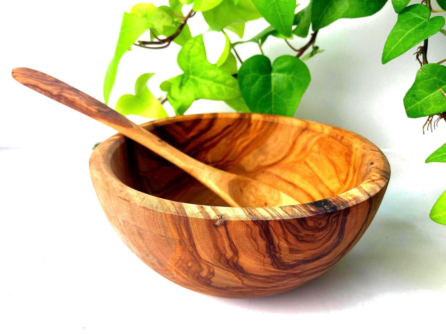 Handmade Olive Wood Bowl And Spoon Set, Food Safe Picnic Bowl, Wooden Kids Cereal Bowl, Unique Zero Waste Gift, Large Round Fruit Bowl, 16cm