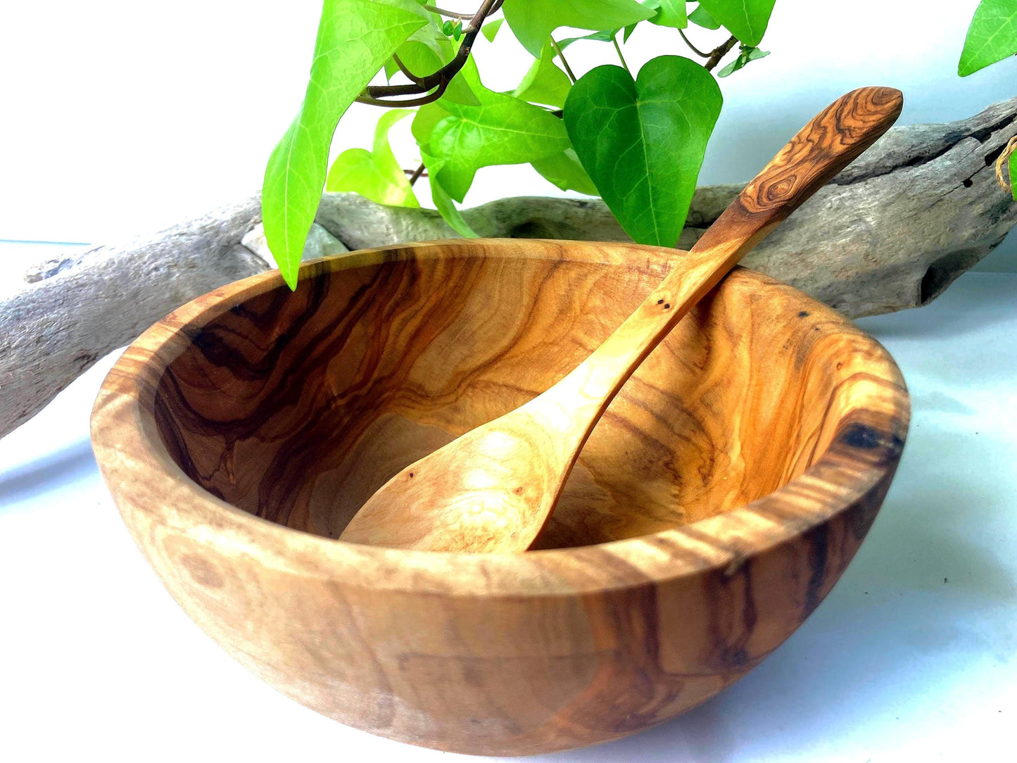 Handmade Olive Wood Bowl And Spoon Set, Food Safe Picnic Bowl, Wooden Kids Cereal Bowl, Unique Zero Waste Gift, Large Round Fruit Bowl, 16cm