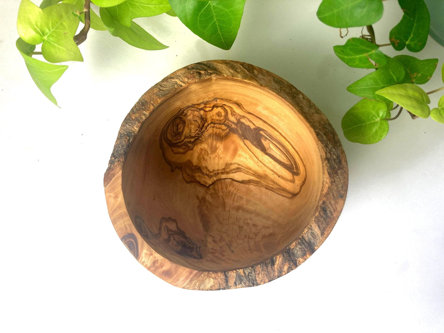 Rustic Olive Wood Cereal Bowl With Spoon, Live Edge With Bark, Food Safe, 14cm