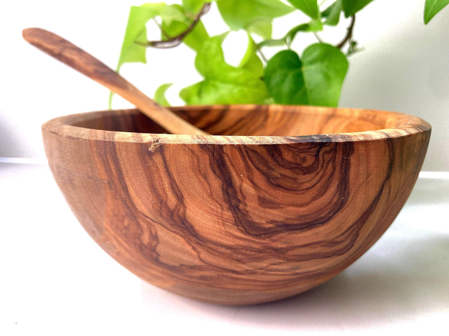 Handmade Olive Wood Bowl And Spoon Set, Food Safe Picnic Bowl, Wooden Kids Cereal Bowl, Unique Zero Waste Gift, Large Round Fruit Bowl, 16cm