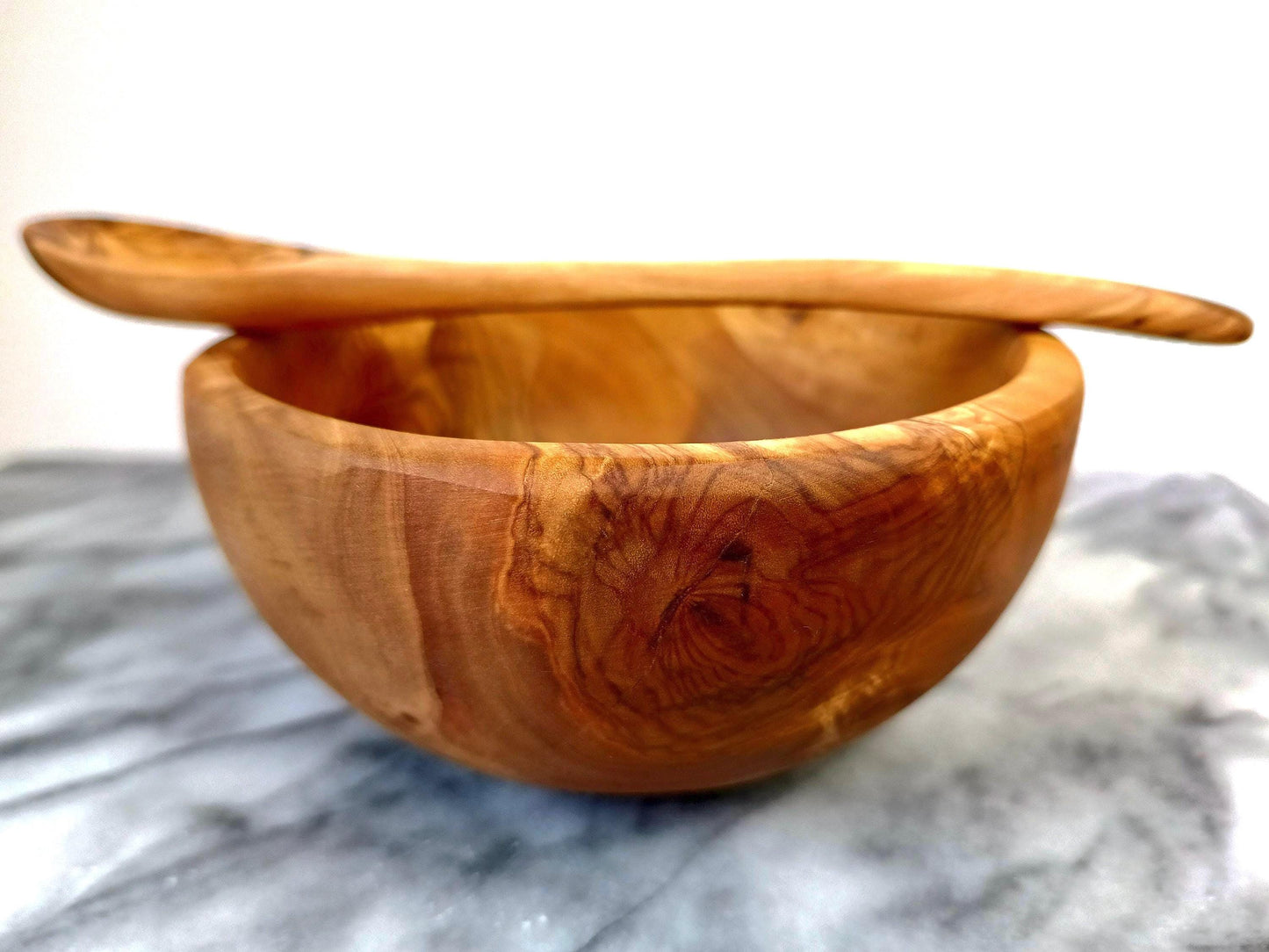 Handmade Olive Wood Bowl And Spoon Set, Food Safe Picnic Bowl, Wooden Kids Cereal Bowl, Unique Zero Waste Gift, Large Round Fruit Bowl, 16cm