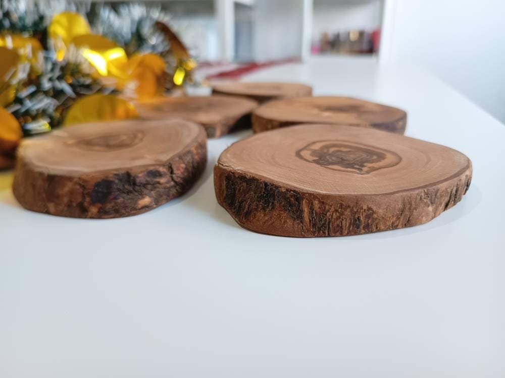 Olive Wood Coasters Set Of 5, Rustic, Handmade, Wooden Slabs, Bar Decor, Zero Waste Gift 14cm x 13cm Unique Gift, Natural Gift, Wedding Gift
