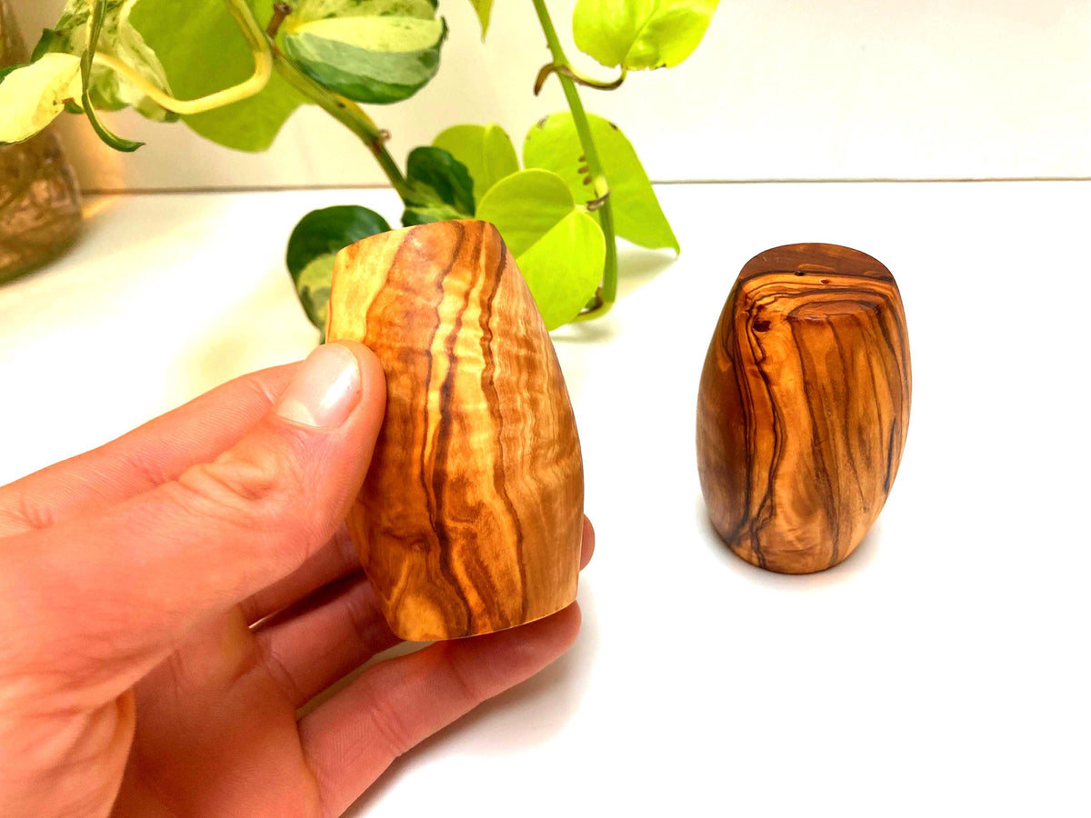 Handmade Olive Wood Salt and Pepper Shakers, Natural Wooden Spice Set, Rustic Kitchen Decor