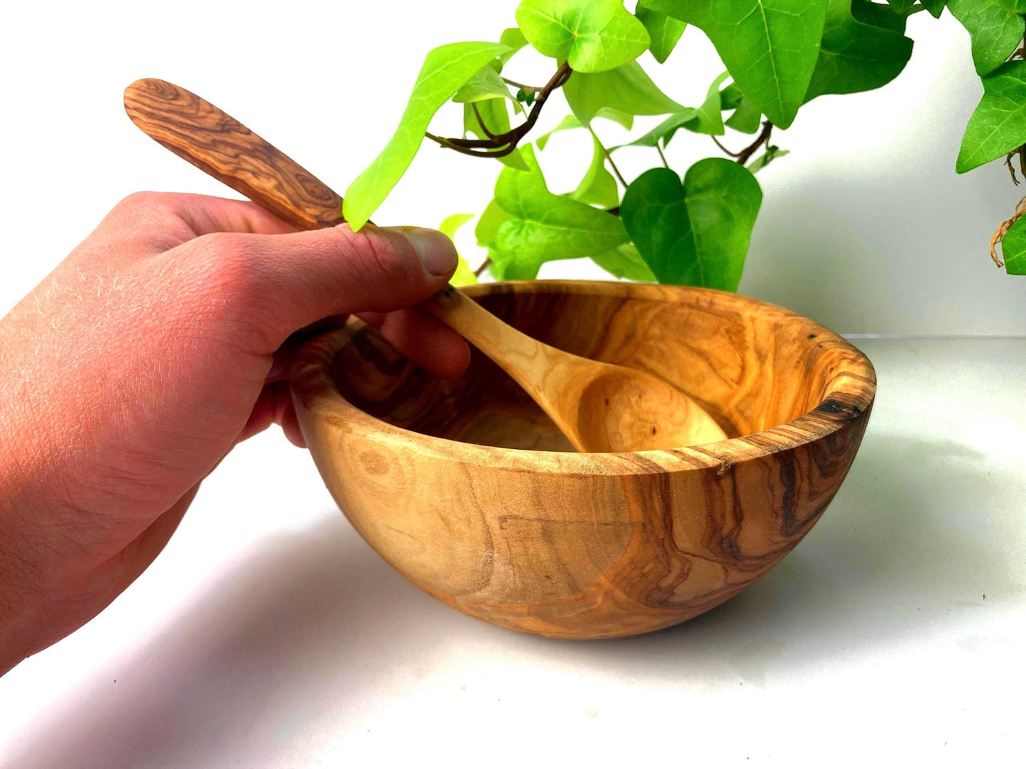 Handmade Olive Wood Bowl And Spoon Set, Food Safe Picnic Bowl, Wooden Kids Cereal Bowl, Unique Zero Waste Gift, Large Round Fruit Bowl, 16cm