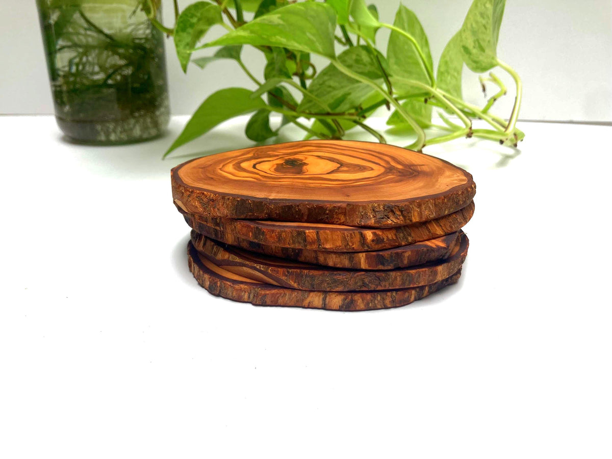 Large Handmade Olive Wood Coasters, Rustic Live Edge Drink Coasters