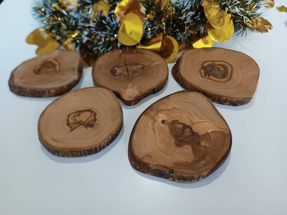 Olive Wood Coasters Set Of 5, Rustic, Handmade, Wooden Slabs, Bar Decor, Zero Waste Gift 14cm x 13cm Unique Gift, Natural Gift, Wedding Gift