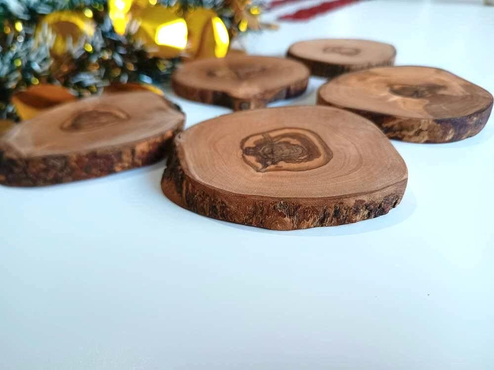 Olive Wood Coasters Set Of 5, Rustic, Handmade, Wooden Slabs, Bar Decor, Zero Waste Gift 14cm x 13cm Unique Gift, Natural Gift, Wedding Gift