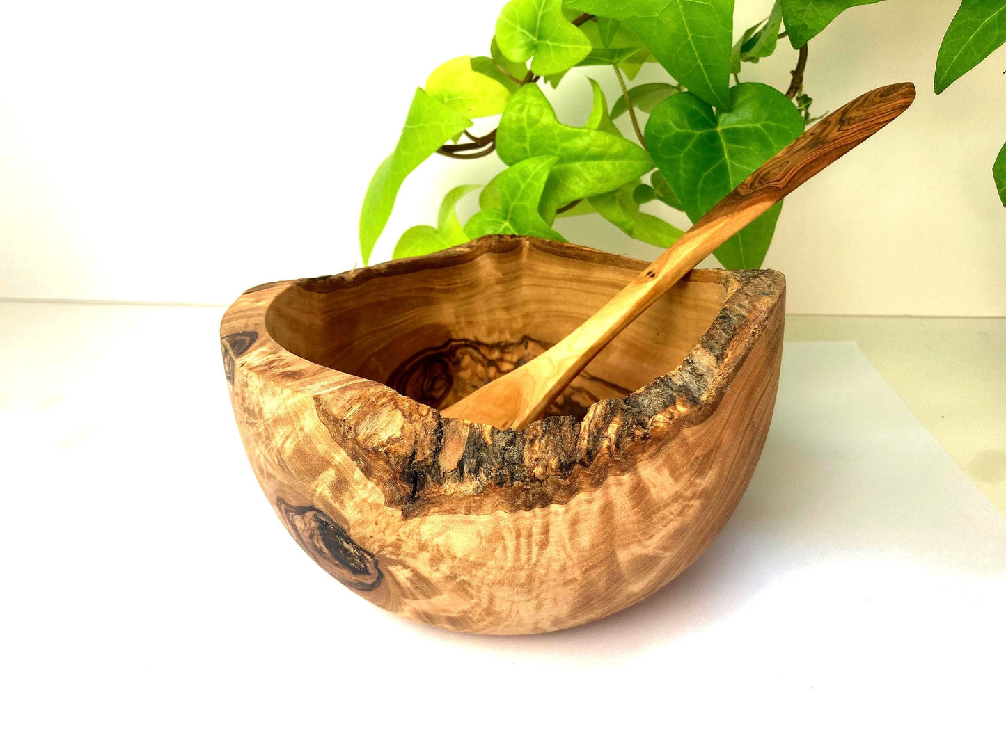 Rustic Olive Wood Cereal Bowl With Spoon, Live Edge With Bark, Food Safe, 14cm