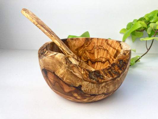 Rustic Olive Wood Cereal Bowl With Spoon, Live Edge With Bark, Food Safe, 14cm