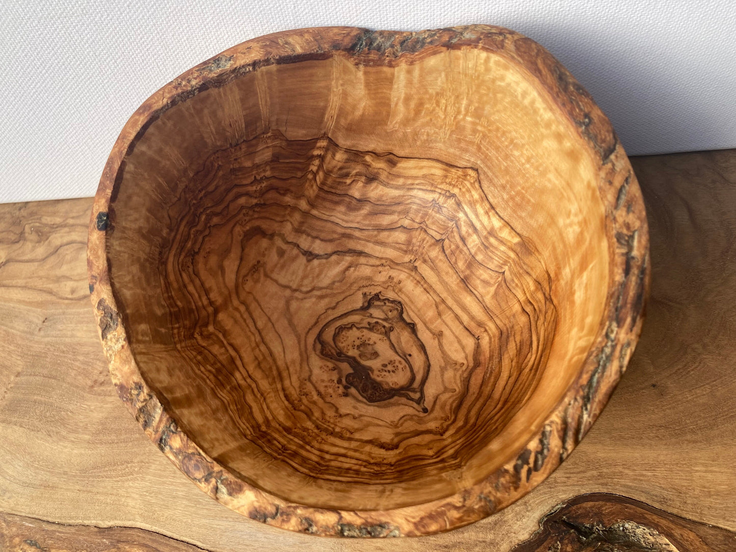 Large Rustic Olive Wood Bowl, Wild Rim With Bark, Eco Friendly, Sustainabley Sourced, Food Safe, Wooden Cereal Bowl, Unique Zero Waste Gift