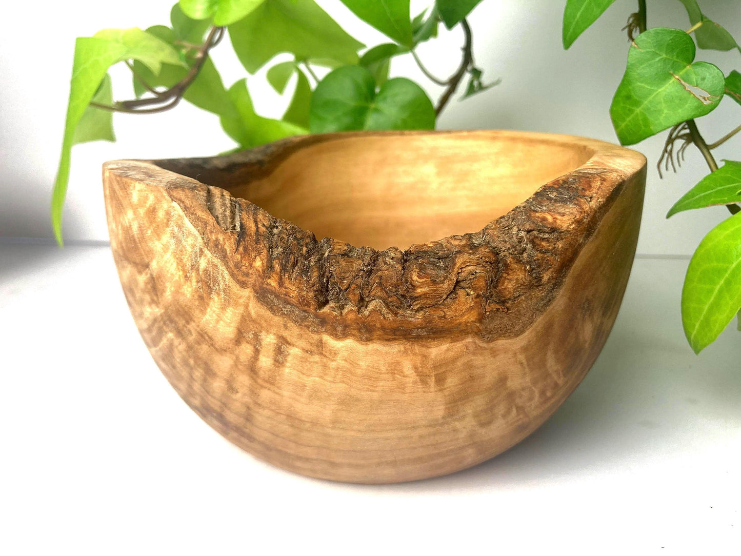 Rustic Olive Wood Cereal Bowl With Spoon, Live Edge With Bark, Food Safe, 14cm