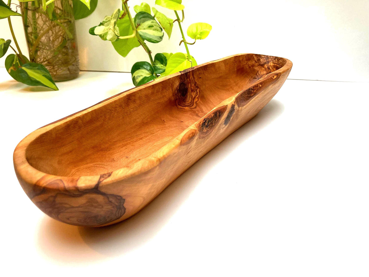 Handcrafted Olive Wood Baguette Bowl, Long Rustic Bread Bowl with Natural Live Edge (42cm)