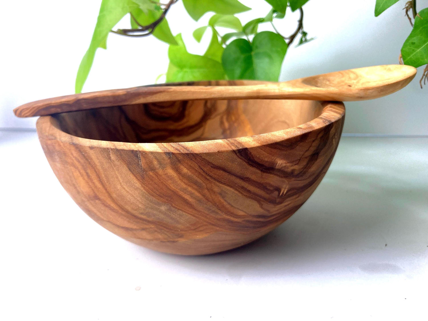 Handmade Olive Wood Bowl And Spoon Set, Food Safe Picnic Bowl, Wooden Kids Cereal Bowl, Unique Zero Waste Gift, Large Round Fruit Bowl, 16cm
