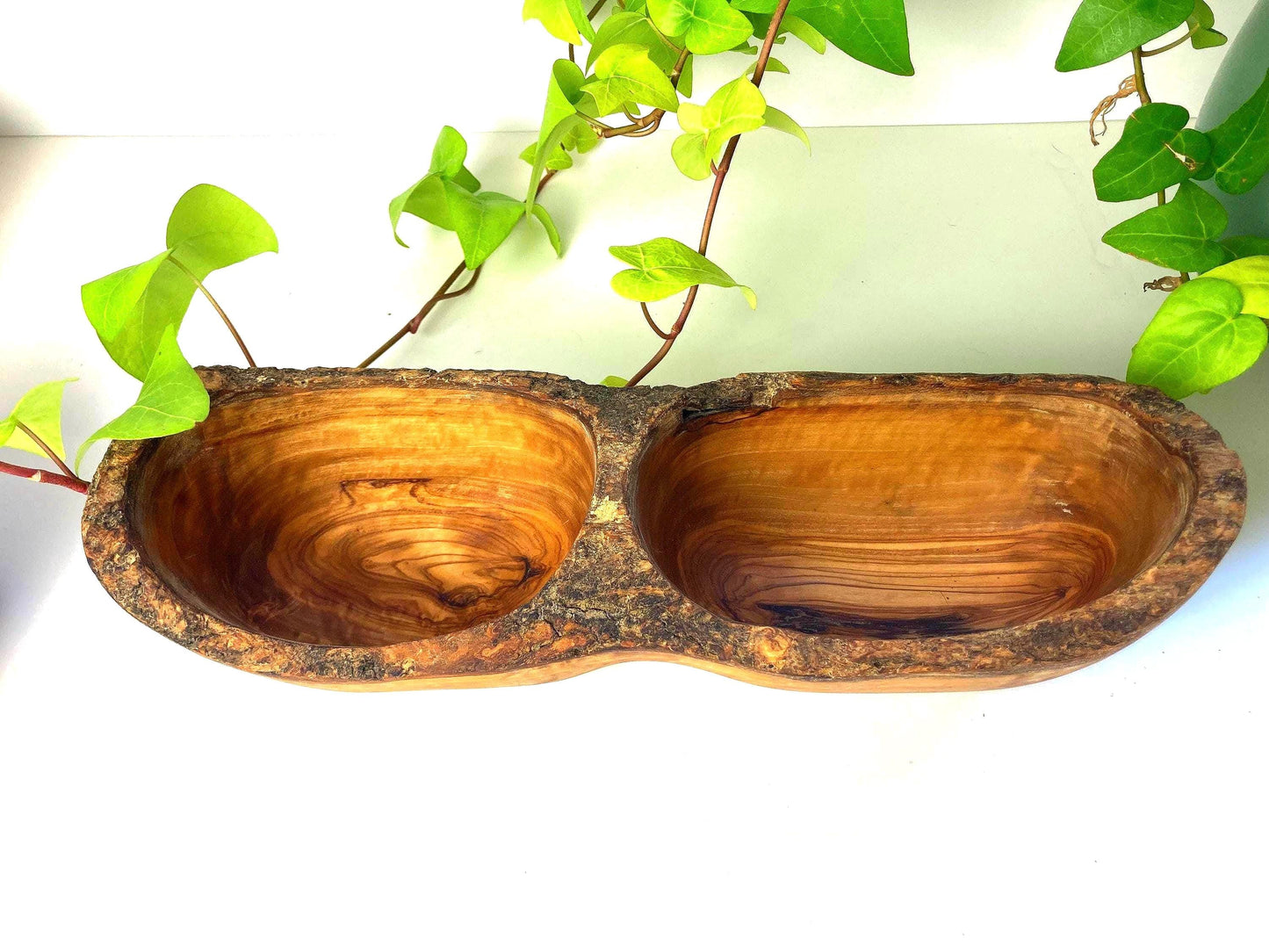 Olive Wood Snack Bowl with 2 Compartments, Rustic Farmhouse Style Serving Dish