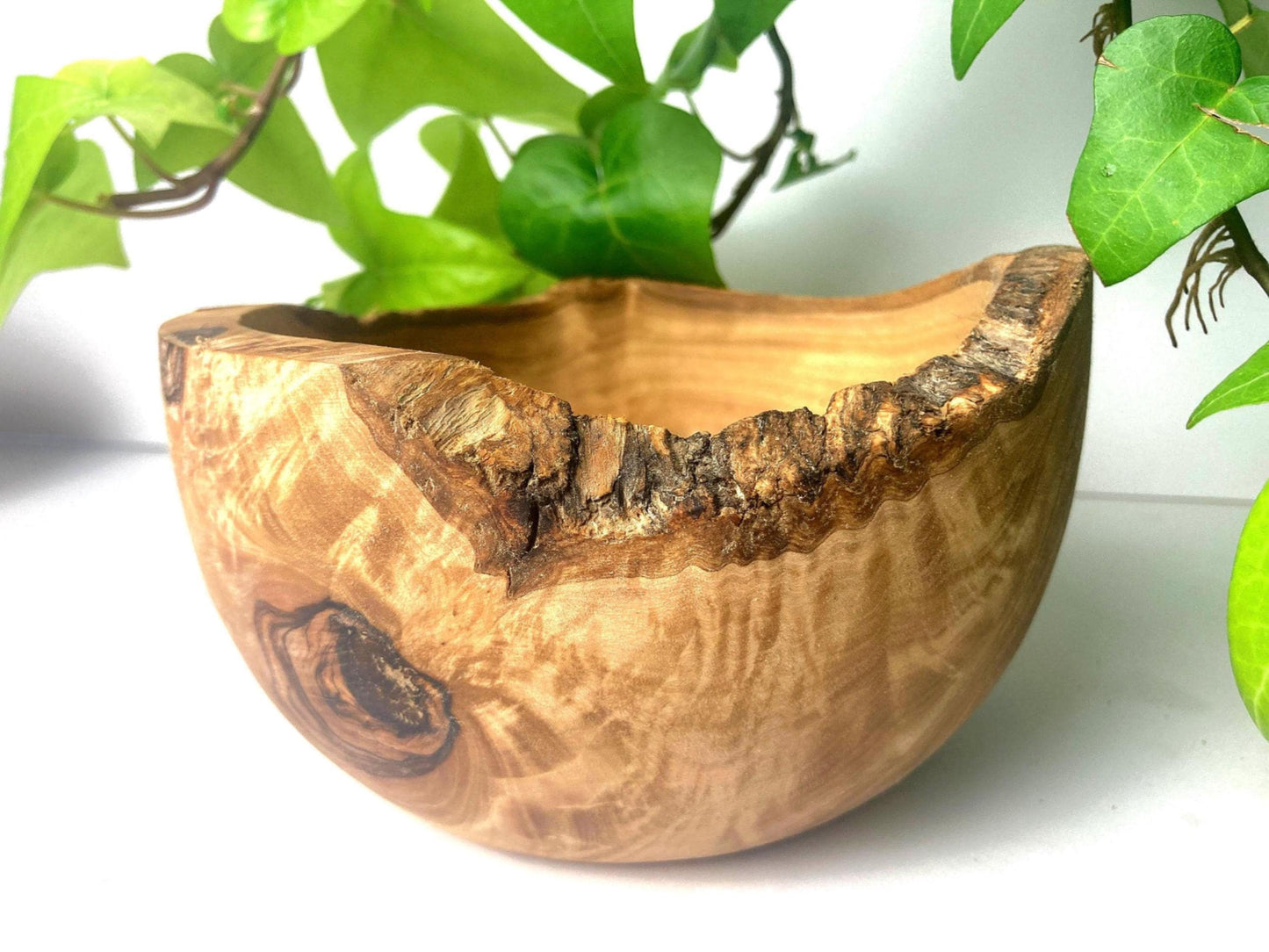Rustic Olive Wood Cereal Bowl With Spoon, Live Edge With Bark, Food Safe, 14cm