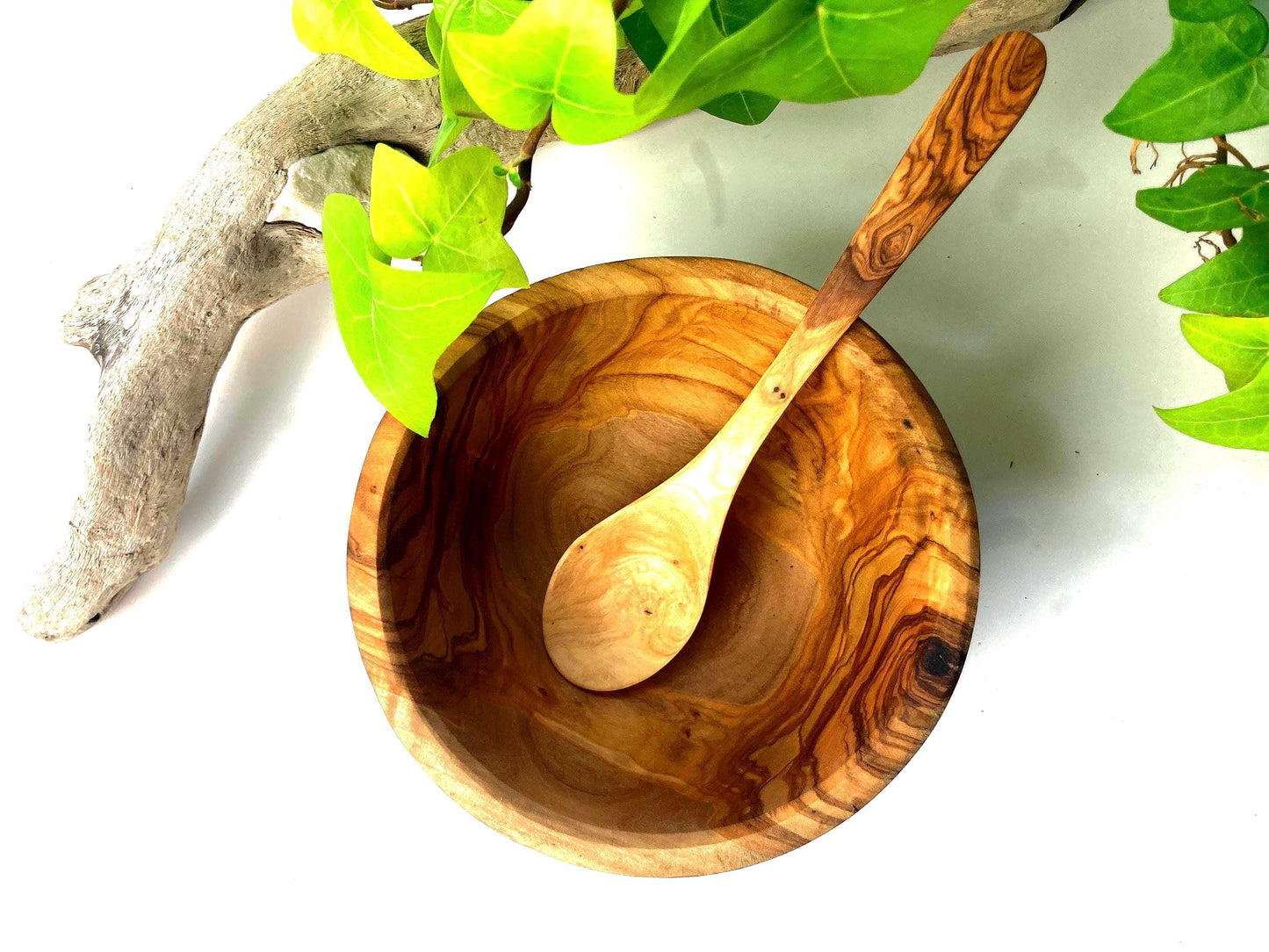 Handmade Olive Wood Bowl And Spoon Set, Food Safe Picnic Bowl, Wooden Kids Cereal Bowl, Unique Zero Waste Gift, Large Round Fruit Bowl, 16cm