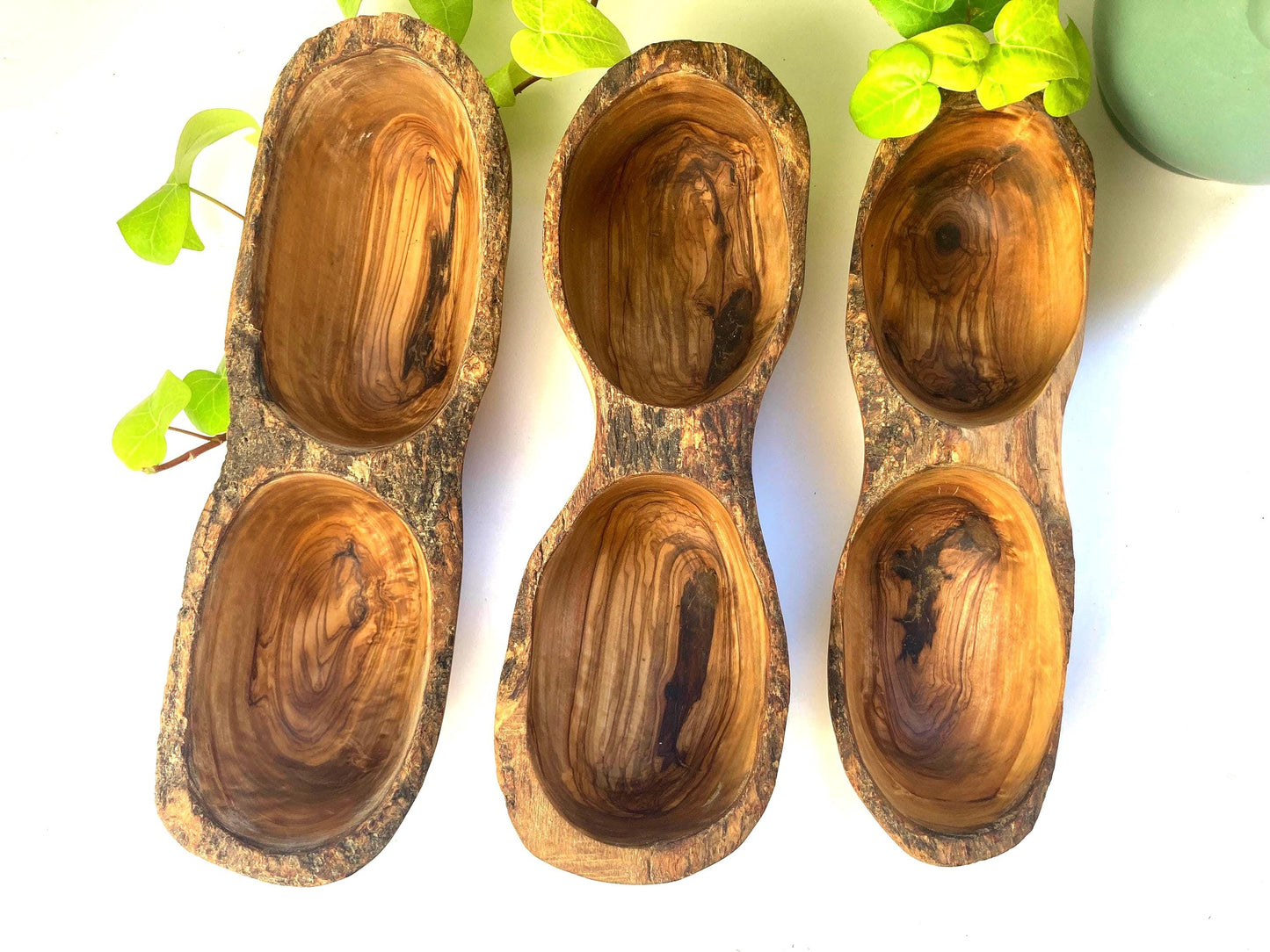 Olive Wood Snack Bowl with 2 Compartments, Rustic Farmhouse Style Serving Dish