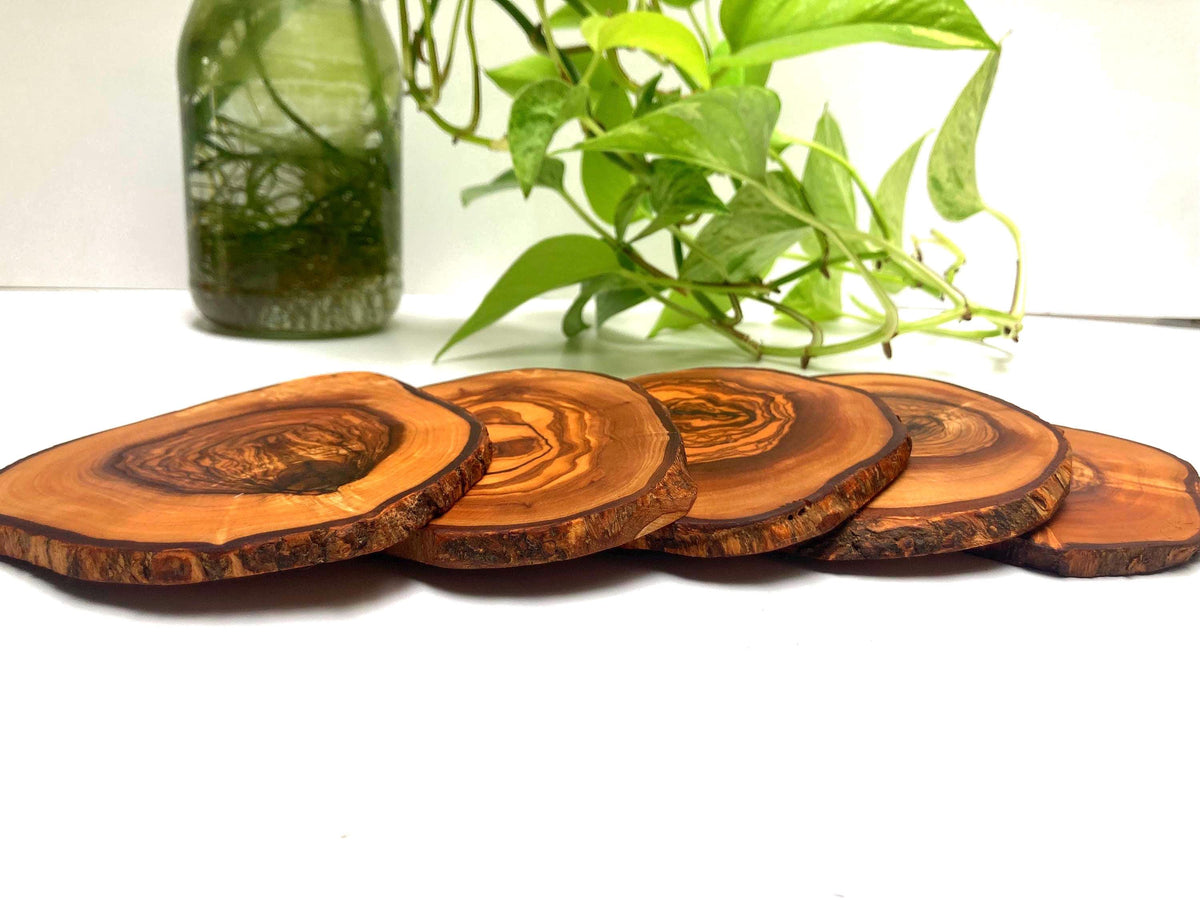 Large Handmade Olive Wood Coasters, Rustic Live Edge Drink Coasters