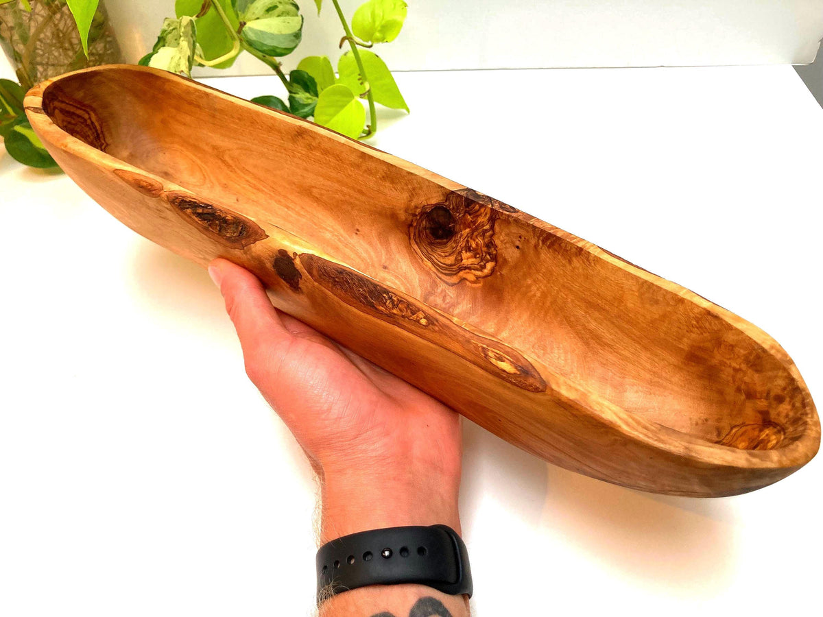 Handcrafted Olive Wood Baguette Bowl, Long Rustic Bread Bowl with Natural Live Edge (42cm)