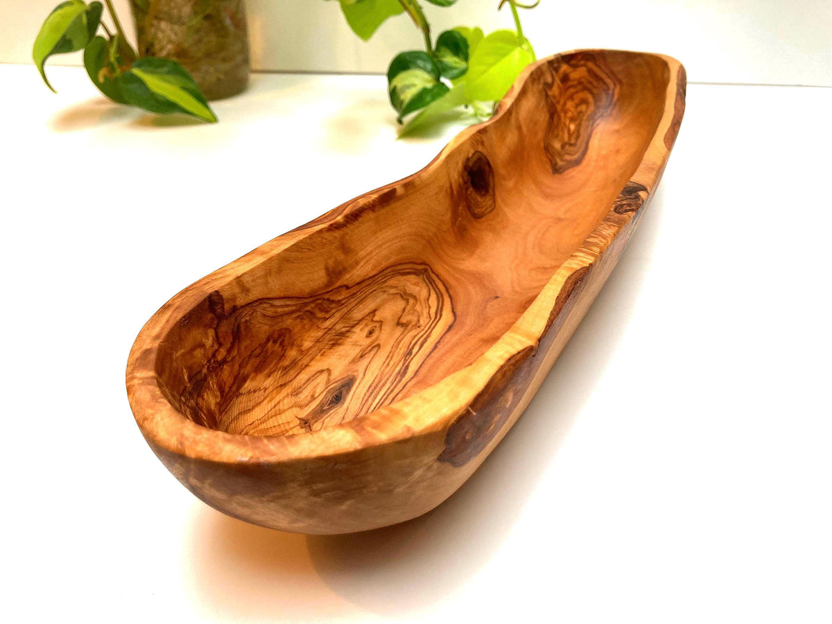 Handcrafted Olive Wood Baguette Bowl, Long Rustic Bread Bowl with Natural Live Edge (42cm)
