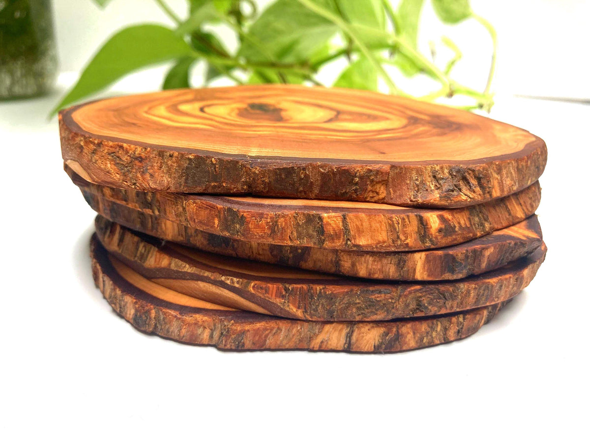 Large Handmade Olive Wood Coasters, Rustic Live Edge Drink Coasters