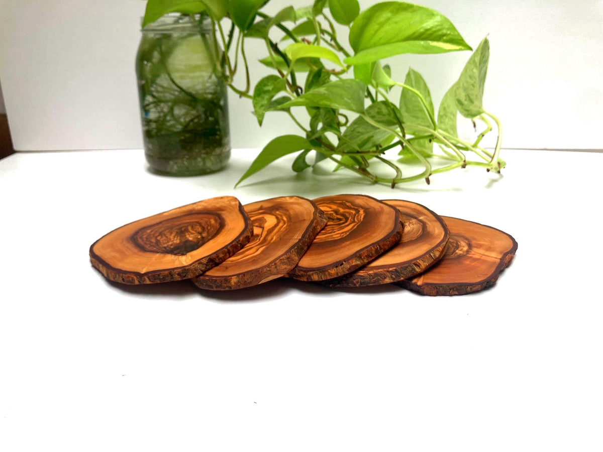 Large Handmade Olive Wood Coasters, Rustic Live Edge Drink Coasters
