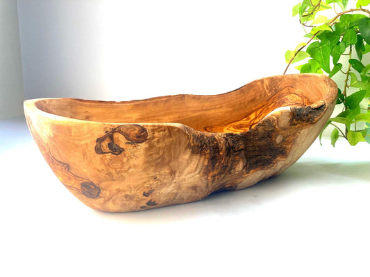 Large Olive Wood Salad Bowl, Live Edge Serving or Fruit Bowl, Handmade Rustic Farmhouse Gift (38cm)