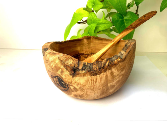 Rustic Olive Wood Cereal Bowl With Spoon, Live Edge With Bark, Food Safe Wooden Bowl, Round Tapas Bowl, Natural Edge, Zero Waste Gift, 14cm