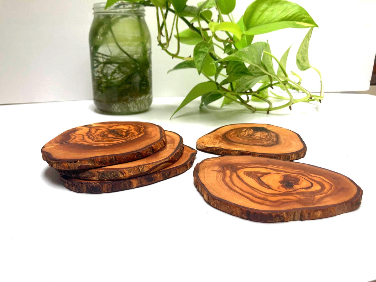 Large Handmade Olive Wood Coasters, Rustic Live Edge Drink Coasters