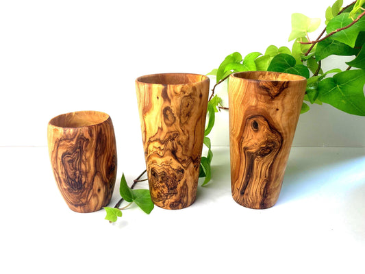 Handmade Olive Wood Drinking Cup, Conical And Barrel Style, Toothbrush Holder, Wood Tumbler, Utensil Holder, Rustic Wooden Terracotta Pot