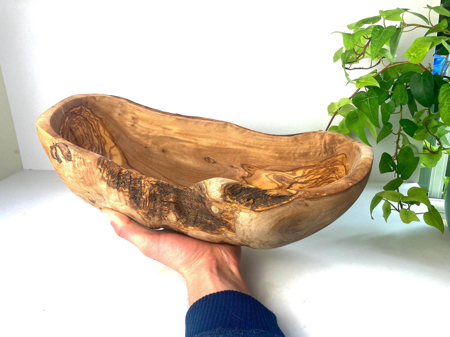 Large Olive Wood Salad Bowl, Live Edge Serving or Fruit Bowl, Handmade Rustic Farmhouse Gift (38cm)