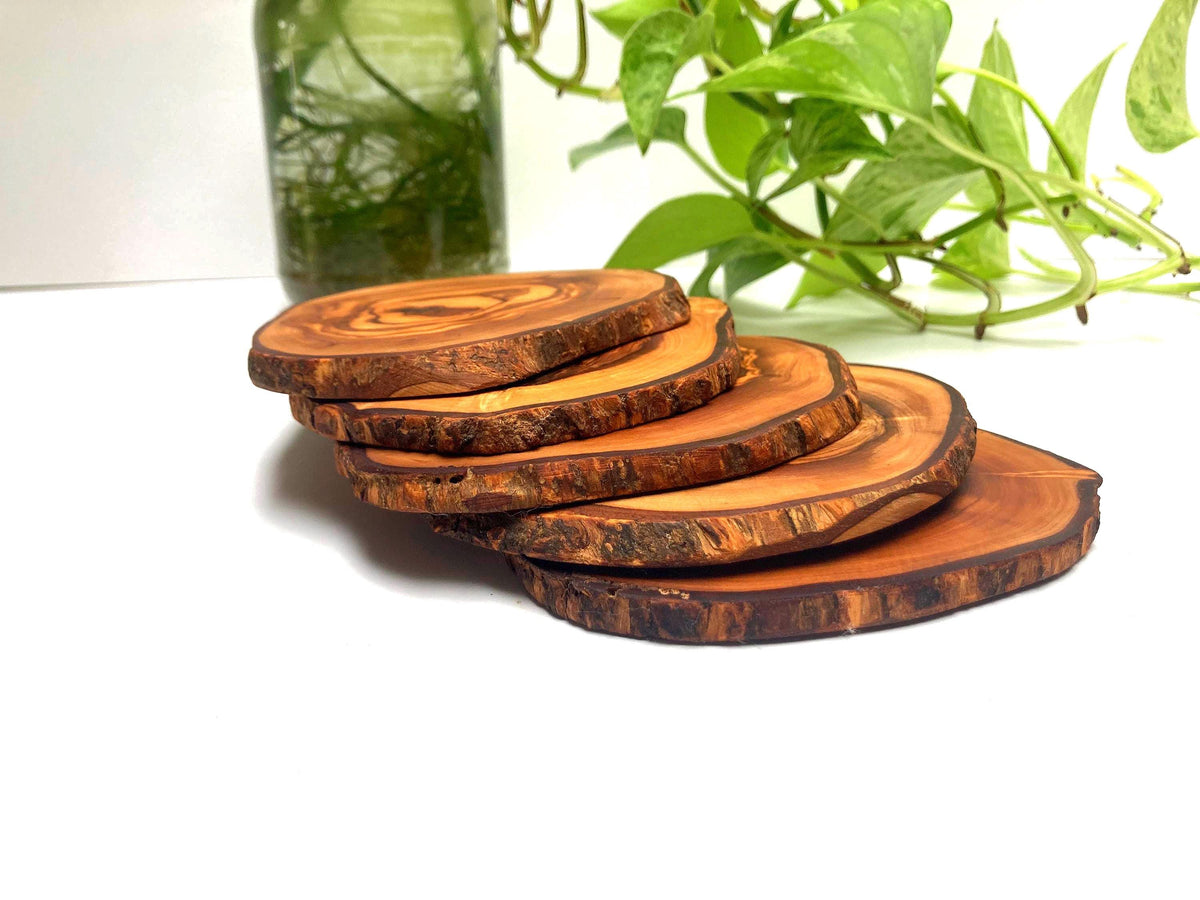 Large Handmade Olive Wood Coasters, Rustic Live Edge Drink Coasters