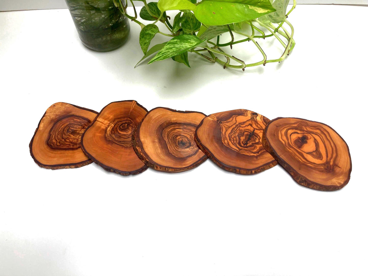 Large Handmade Olive Wood Coasters, Rustic Live Edge Drink Coasters