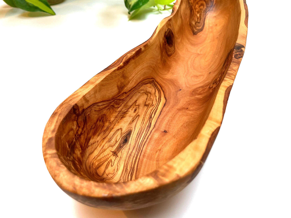 Handcrafted Olive Wood Baguette Bowl, Long Rustic Bread Bowl with Natural Live Edge (42cm)