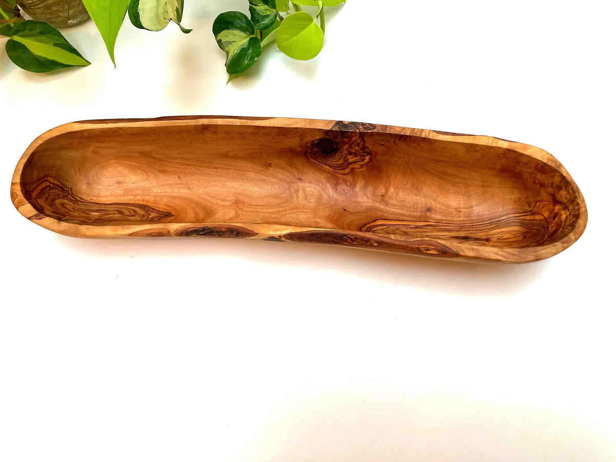 Handcrafted Olive Wood Baguette Bowl, Long Rustic Bread Bowl with Natural Live Edge (42cm)
