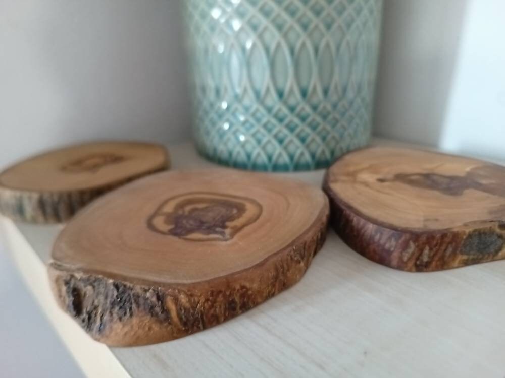 Olive Wood Coasters Set Of 5, Rustic, Handmade, Wooden Slabs, Bar Decor, Zero Waste Gift 14cm x 13cm Unique Gift, Natural Gift, Wedding Gift