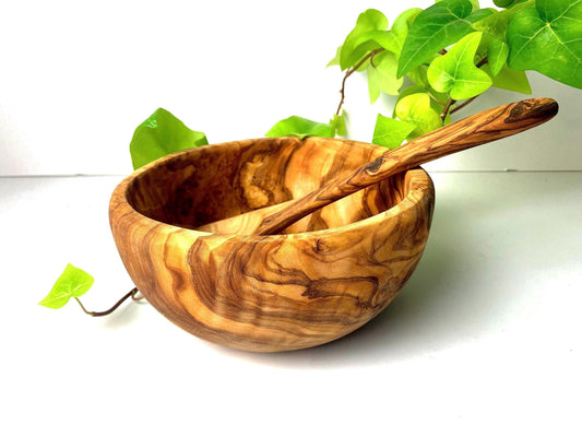 Handmade Olive Wood Bowl And Spoon Set, Food Safe Picnic Bowl, Wooden Kids Cereal Bowl, Unique Zero Waste Gift, Large Round Fruit Bowl, 16cm