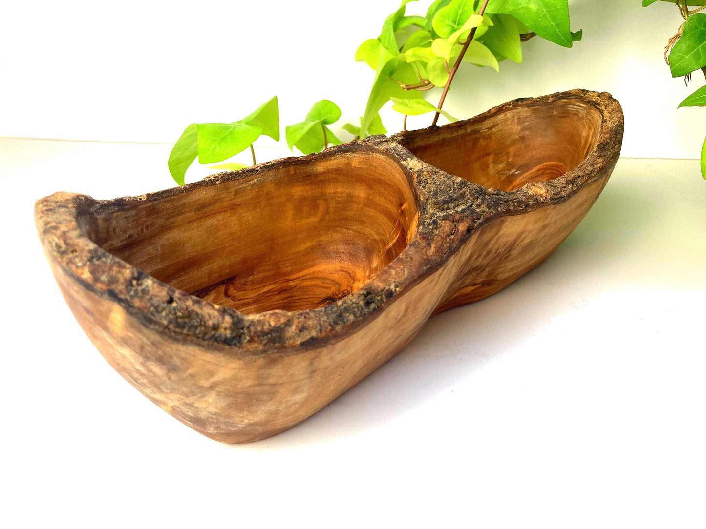 Olive Wood Snack Bowl with 2 Compartments, Rustic Farmhouse Style Serving Dish