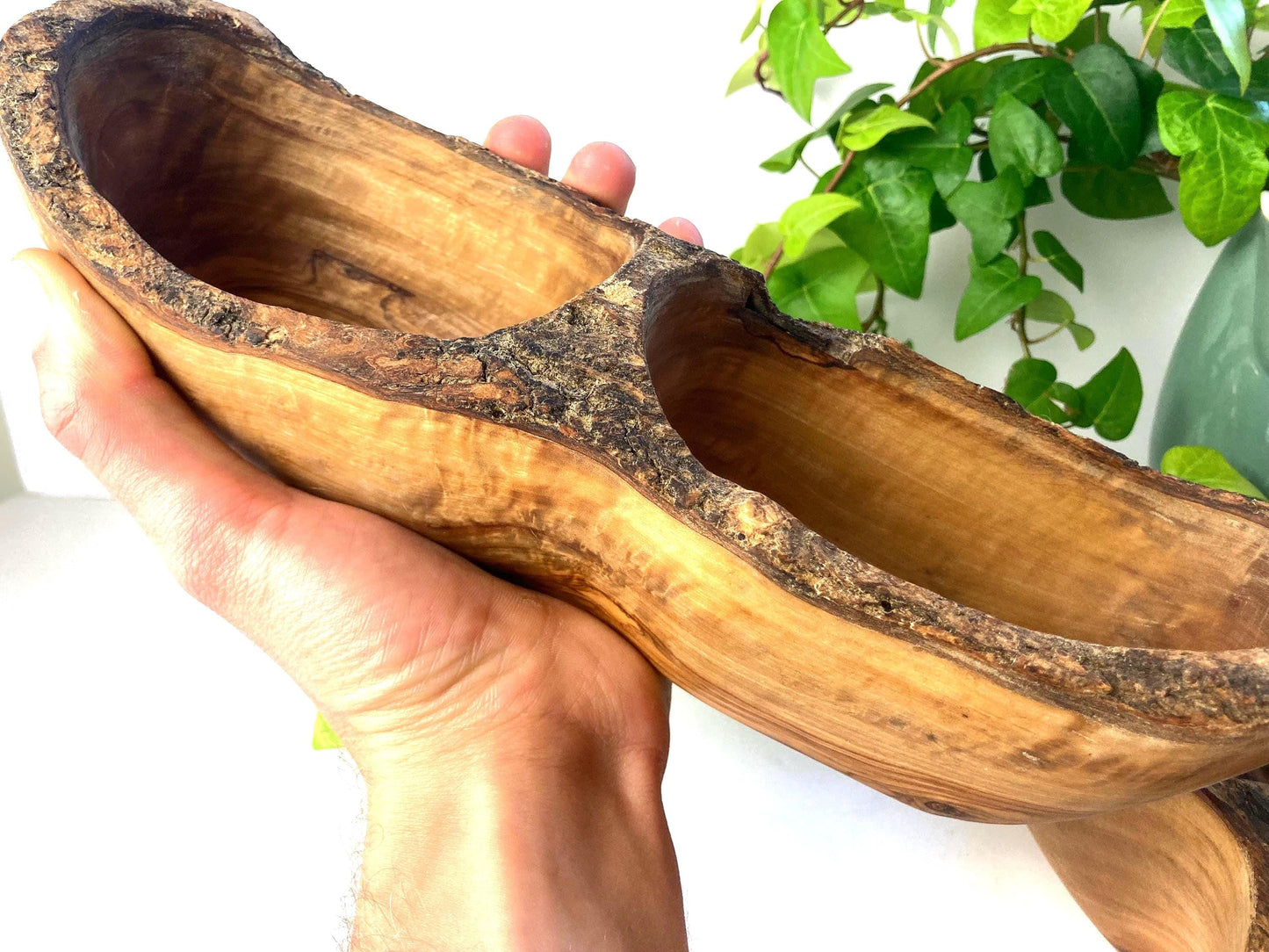 Olive Wood Snack Bowl with 2 Compartments, Rustic Farmhouse Style Serving Dish