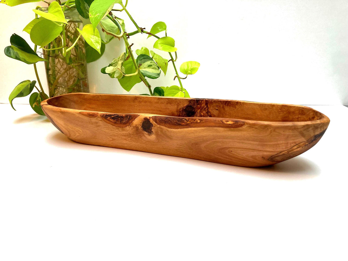 Handcrafted Olive Wood Baguette Bowl, Long Rustic Bread Bowl with Natural Live Edge (42cm)