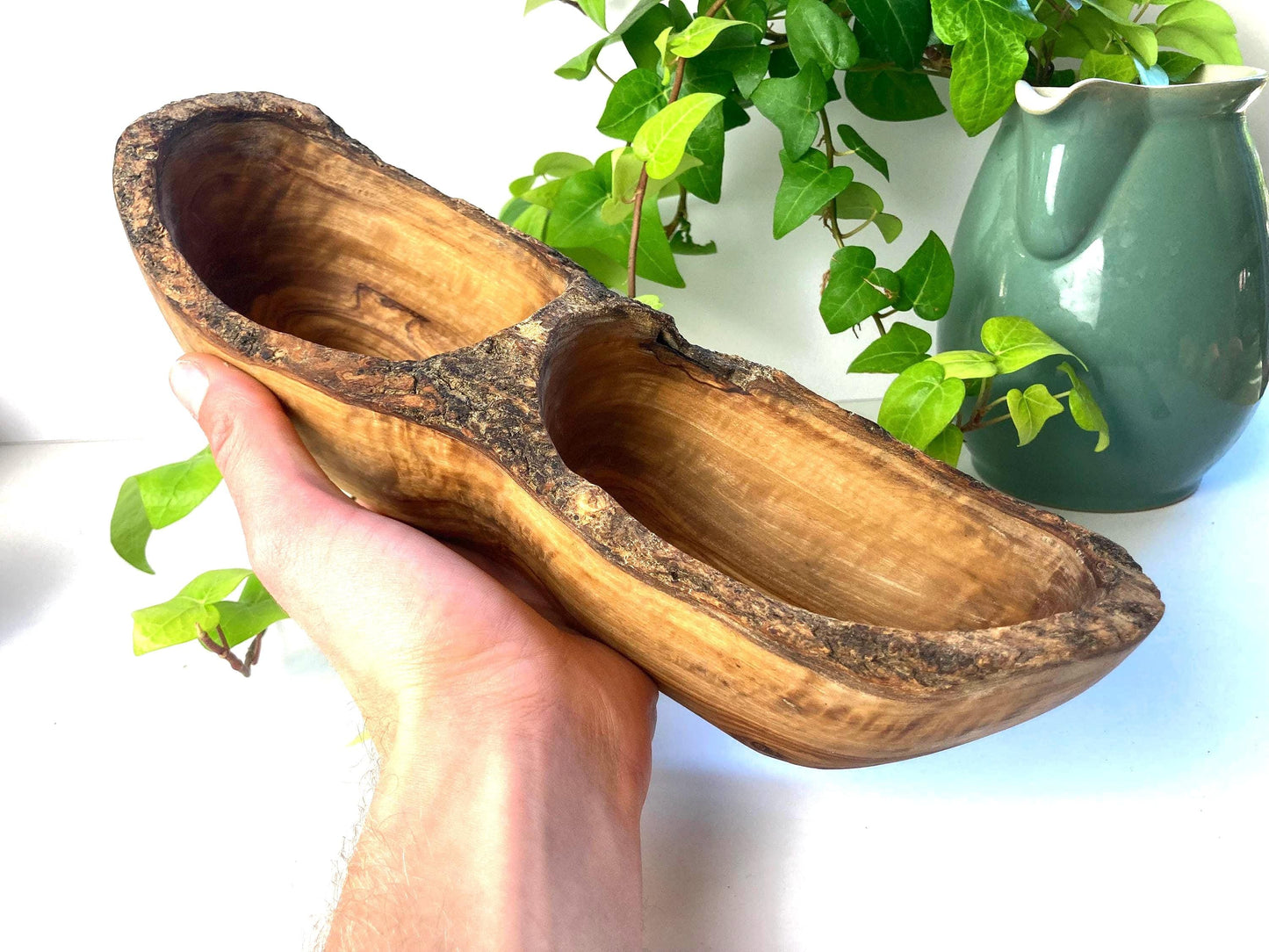 Olive Wood Snack Bowl with 2 Compartments, Rustic Farmhouse Style Serving Dish
