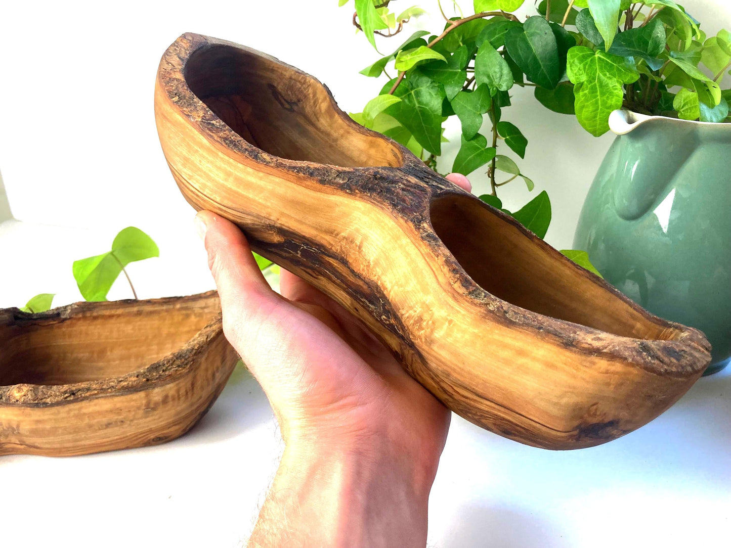 Olive Wood Snack Bowl with 2 Compartments, Rustic Farmhouse Style Serving Dish