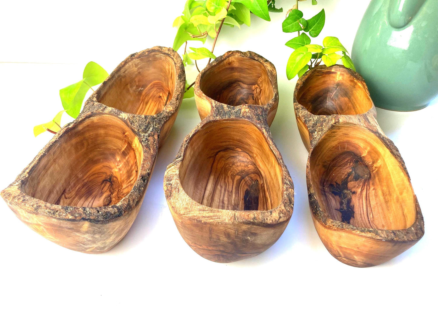 Olive Wood Snack Bowl with 2 Compartments, Rustic Farmhouse Style Serving Dish