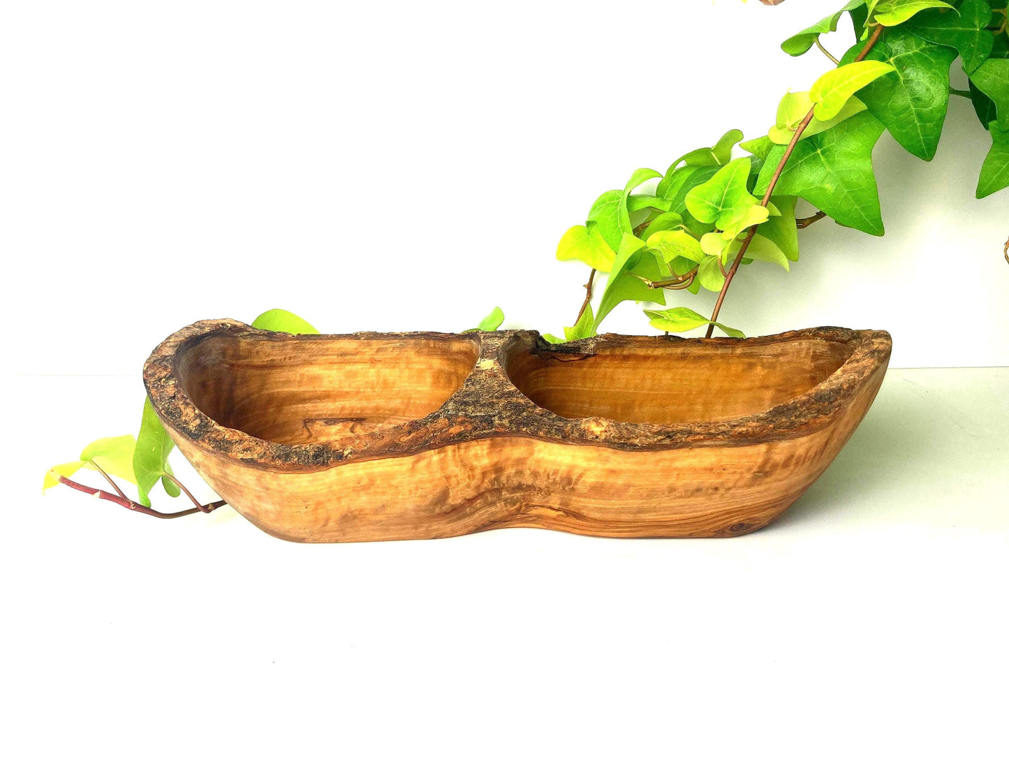 Olive Wood Snack Bowl with 2 Compartments, Rustic Farmhouse Style Serving Dish