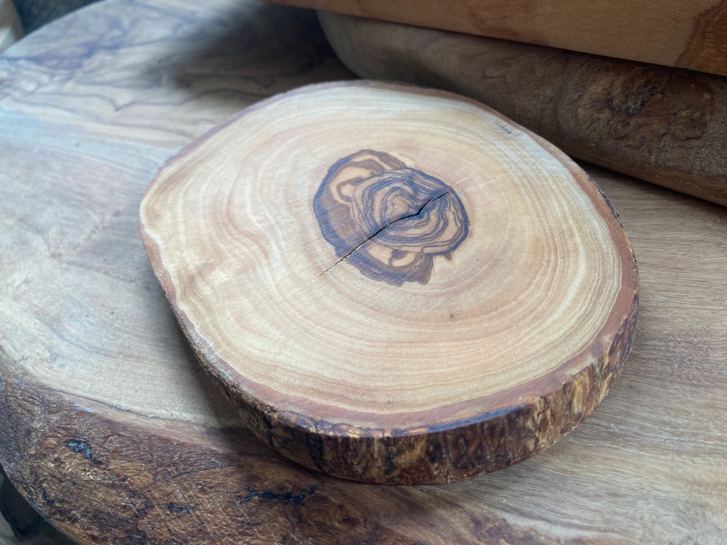 Olive Wood Coasters Set Of 5, Rustic, Handmade, Wooden Slabs, Bar Decor, Zero Waste Gift 14cm x 13cm Unique Gift, Natural Gift, Wedding Gift