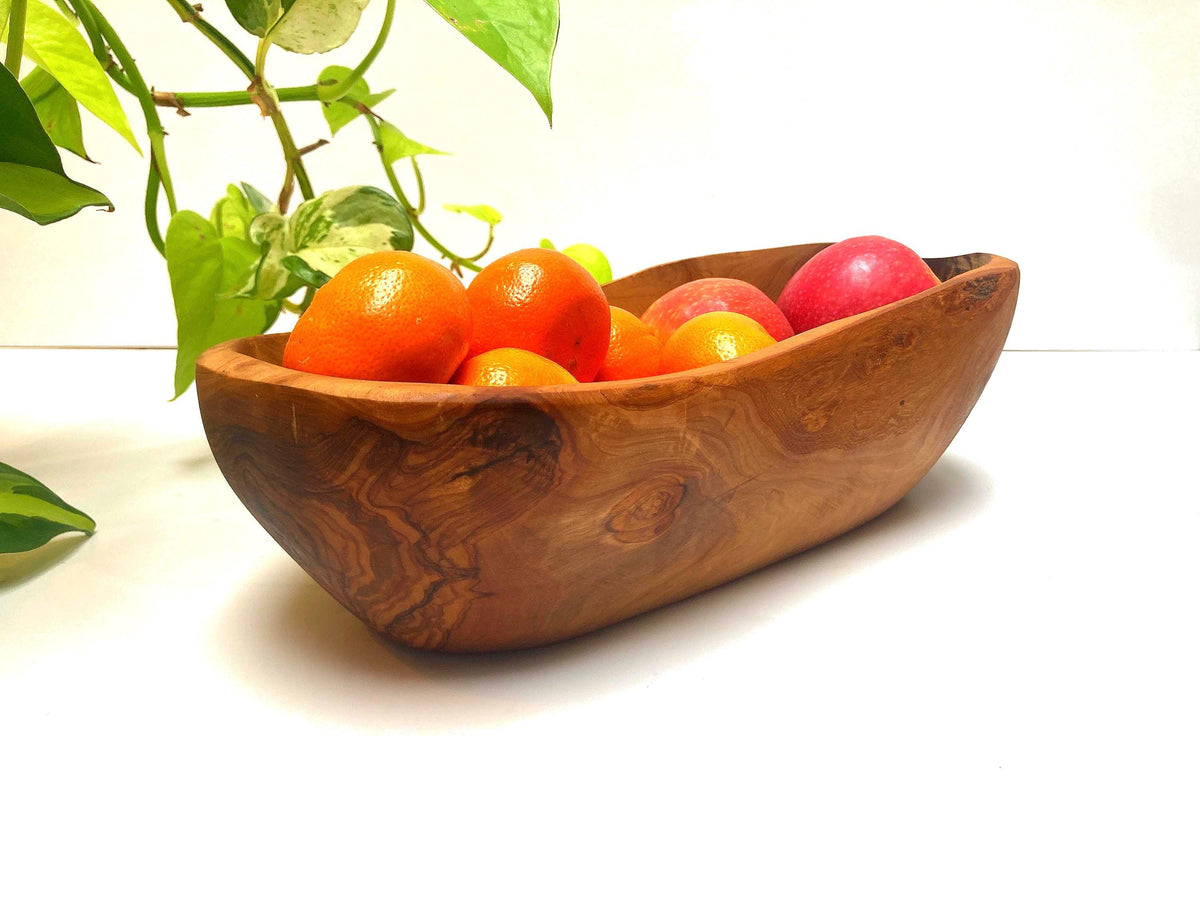 Olive Wood Fruit Bowl: Large Oval Serving Bowl, Rustic Centrepiece, 30cm