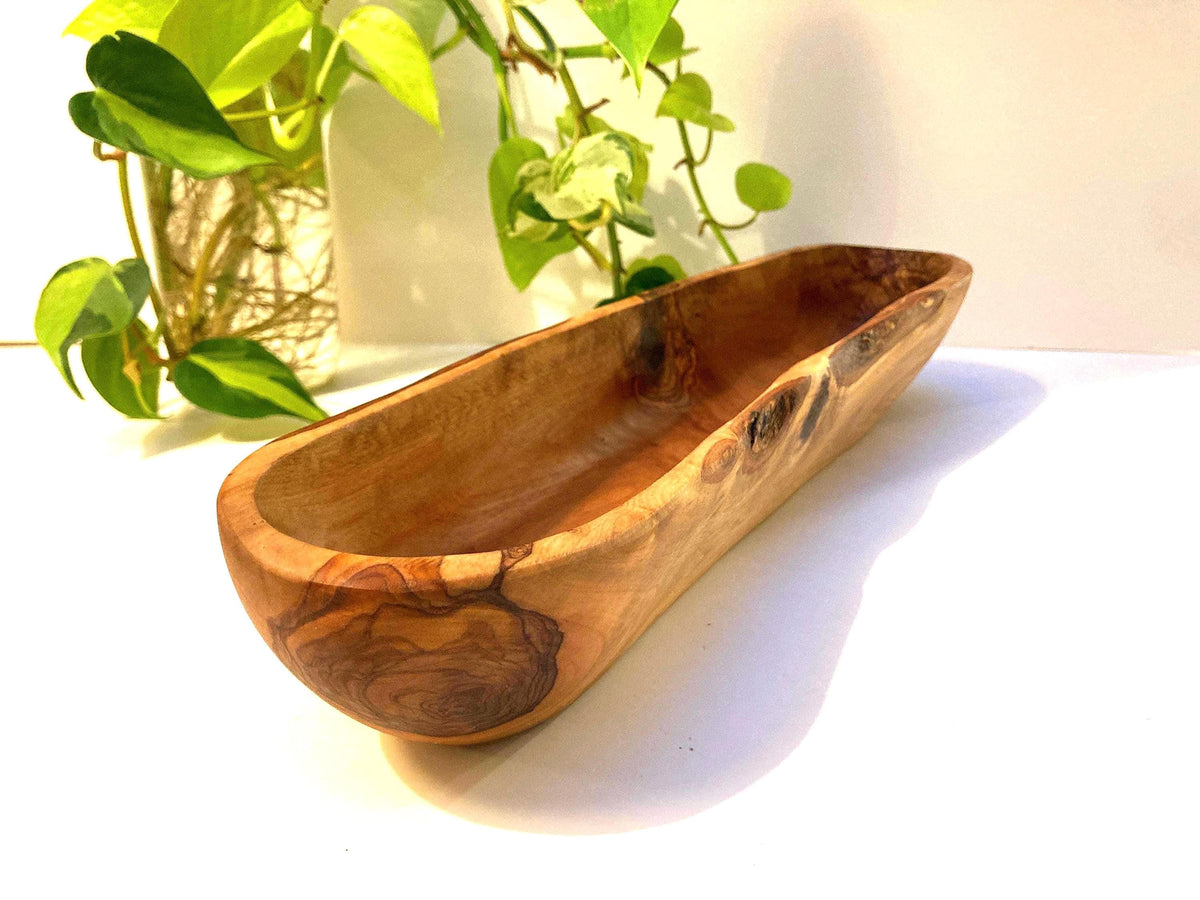 Handcrafted Olive Wood Baguette Bowl, Long Rustic Bread Bowl with Natural Live Edge (42cm)