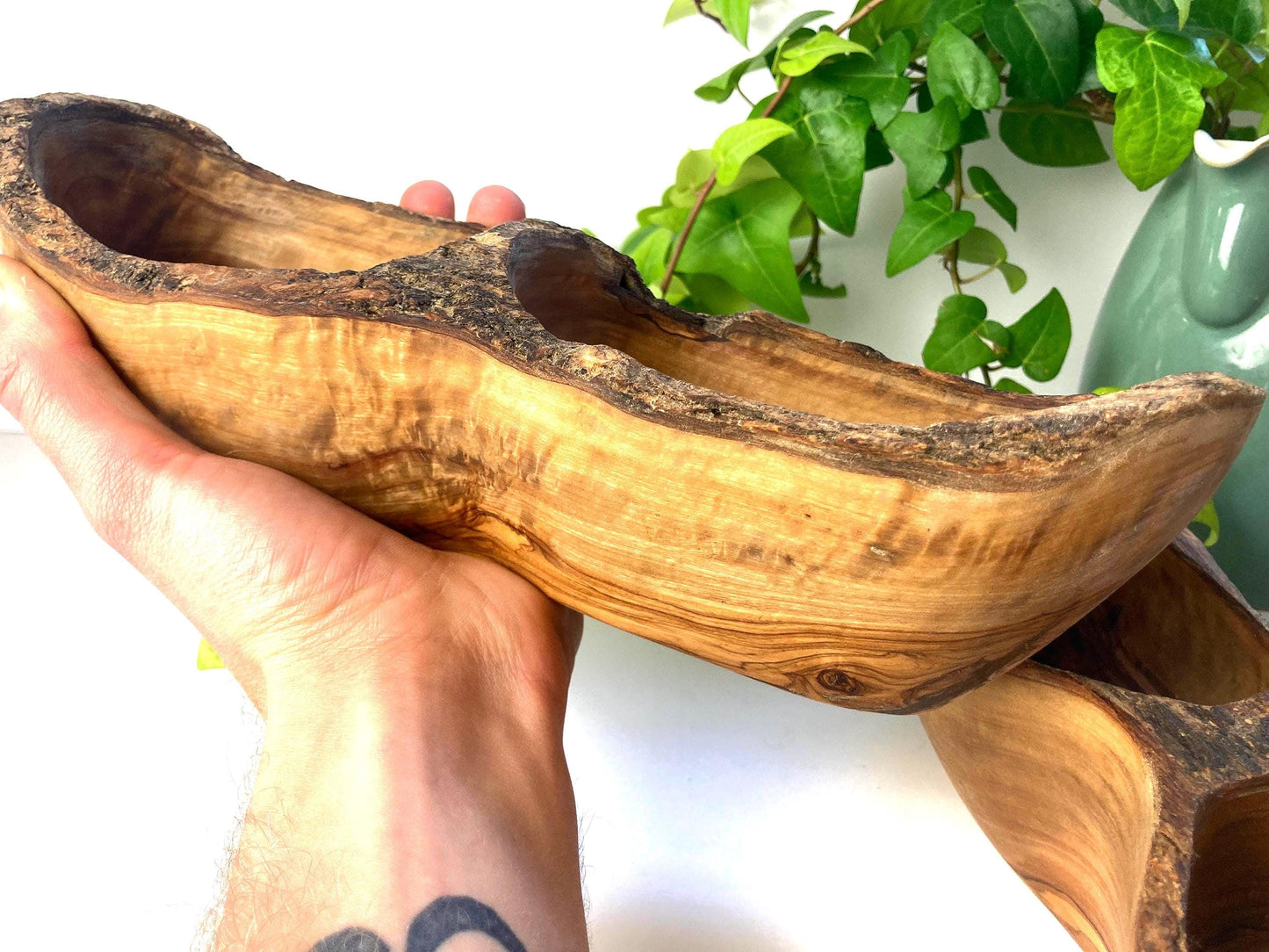 Olive Wood Snack Bowl with 2 Compartments, Rustic Farmhouse Style Serving Dish