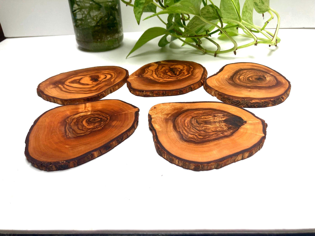 Large Handmade Olive Wood Coasters, Rustic Live Edge Drink Coasters