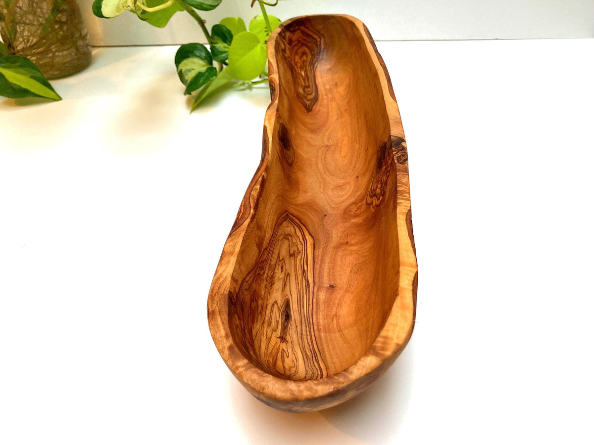 Handcrafted Olive Wood Baguette Bowl, Long Rustic Bread Bowl with Natural Live Edge (42cm)